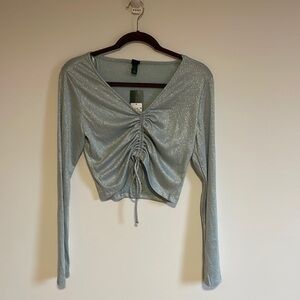 NWT Metallic Crop Top Medium Ruched Long Sleeve Rave Wild Fable Misty Blue Pixie